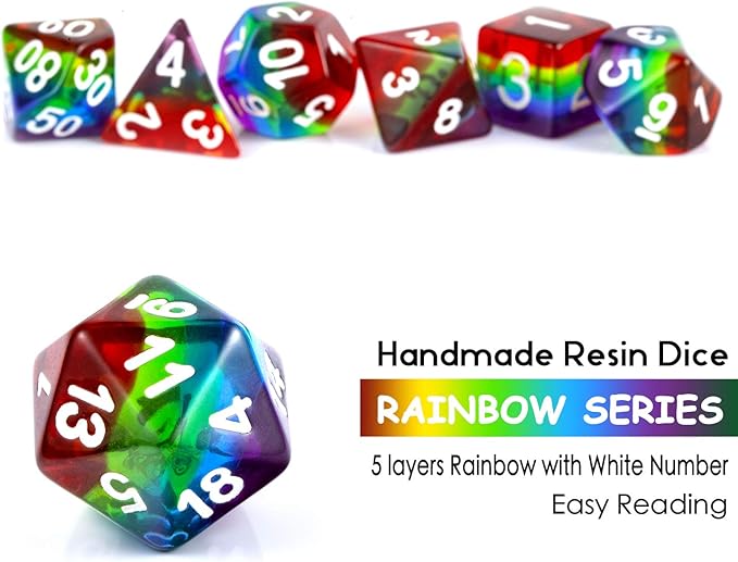 Rainbow DND Dice Set, Transparent Rainbow