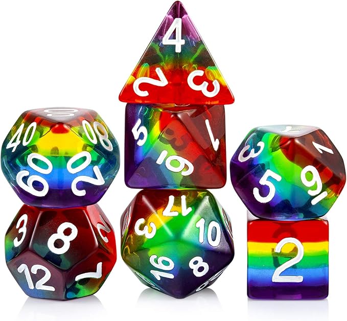 Rainbow DND Dice Set, Transparent Rainbow