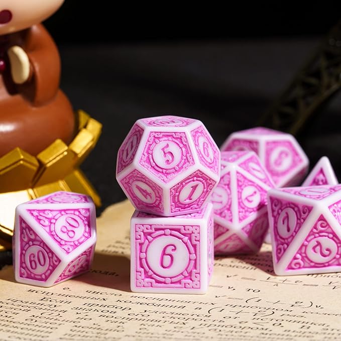 7Pcs/Set DND Dice Set D&D Polyhedral (Pink with White Edge)