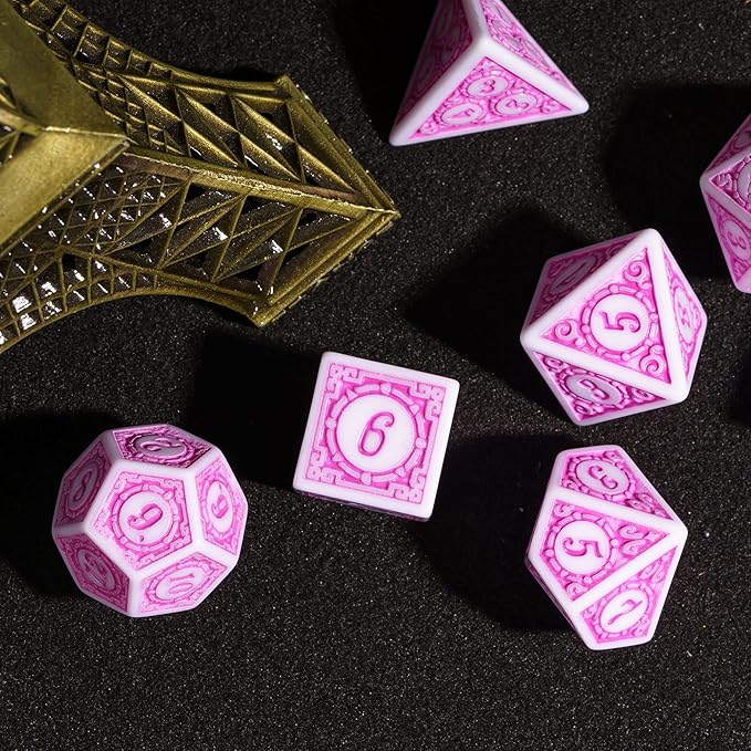 7Pcs/Set DND Dice Set D&D Polyhedral (Pink with White Edge)