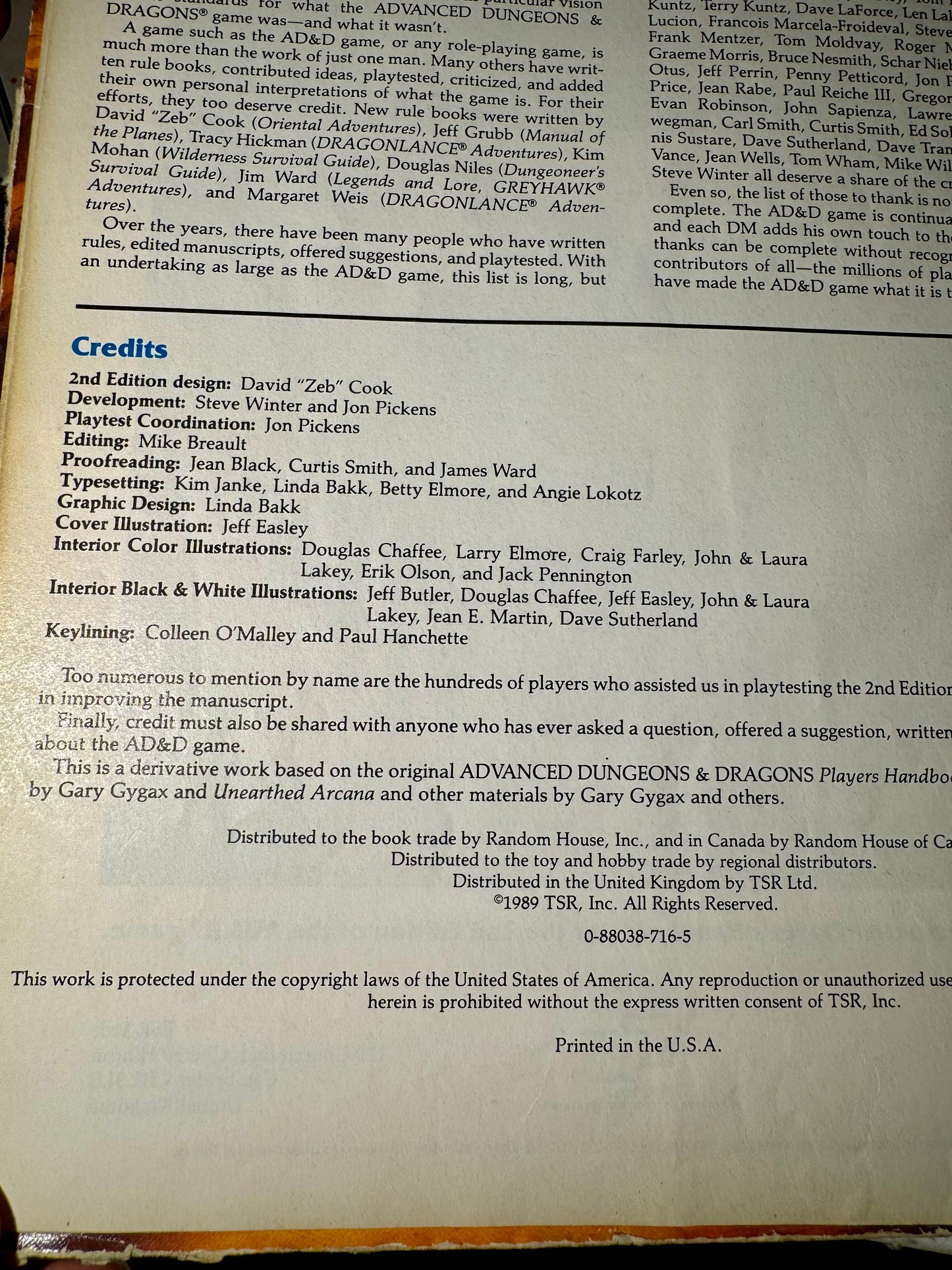 Advanced Dungeons and Dragons Player´s Handbook (2nd Edition) 1989