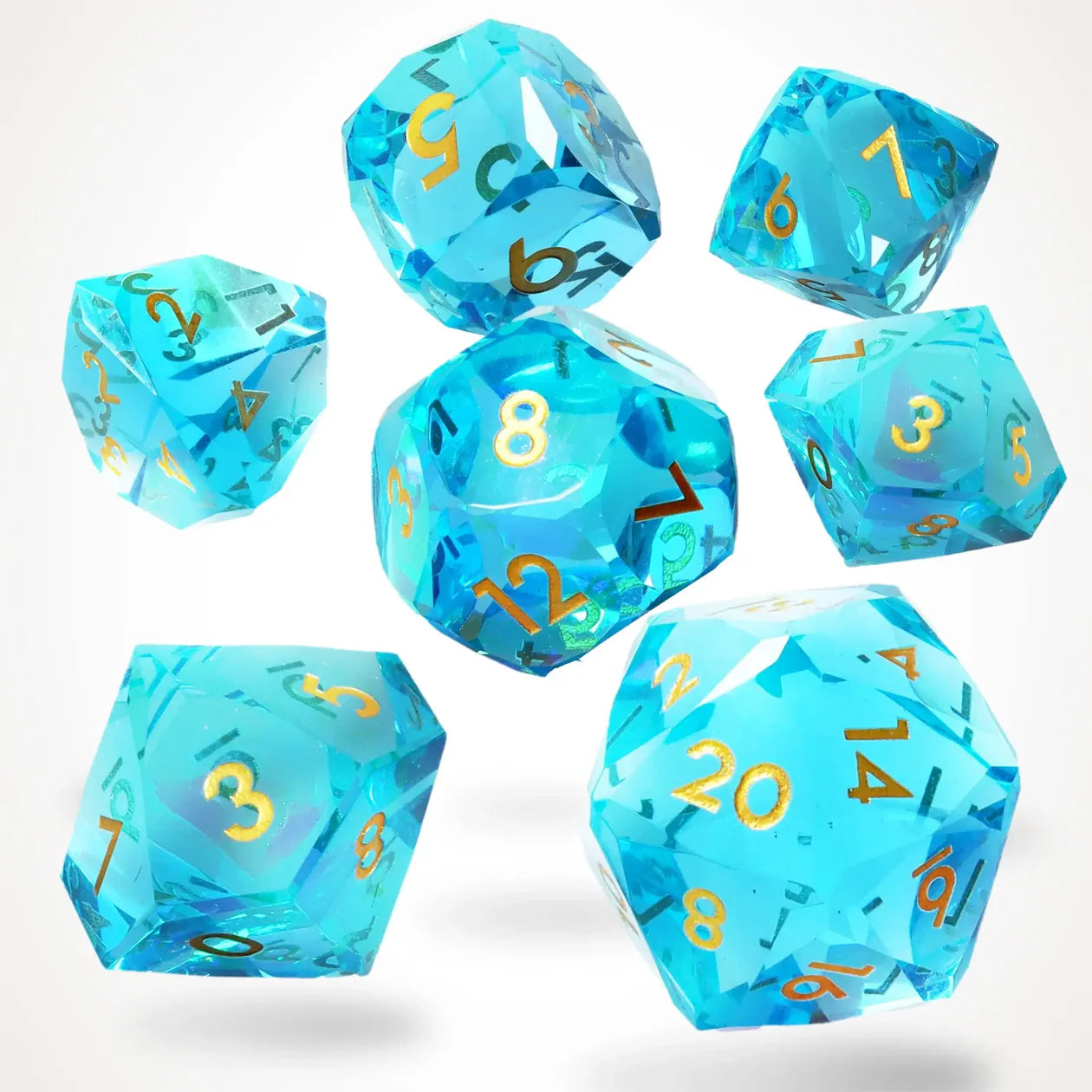 Set of blue polyhedral dice with numbers on a white background