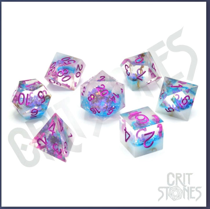 Violet Bloom Sharp Edge Resin RPG Dice Set