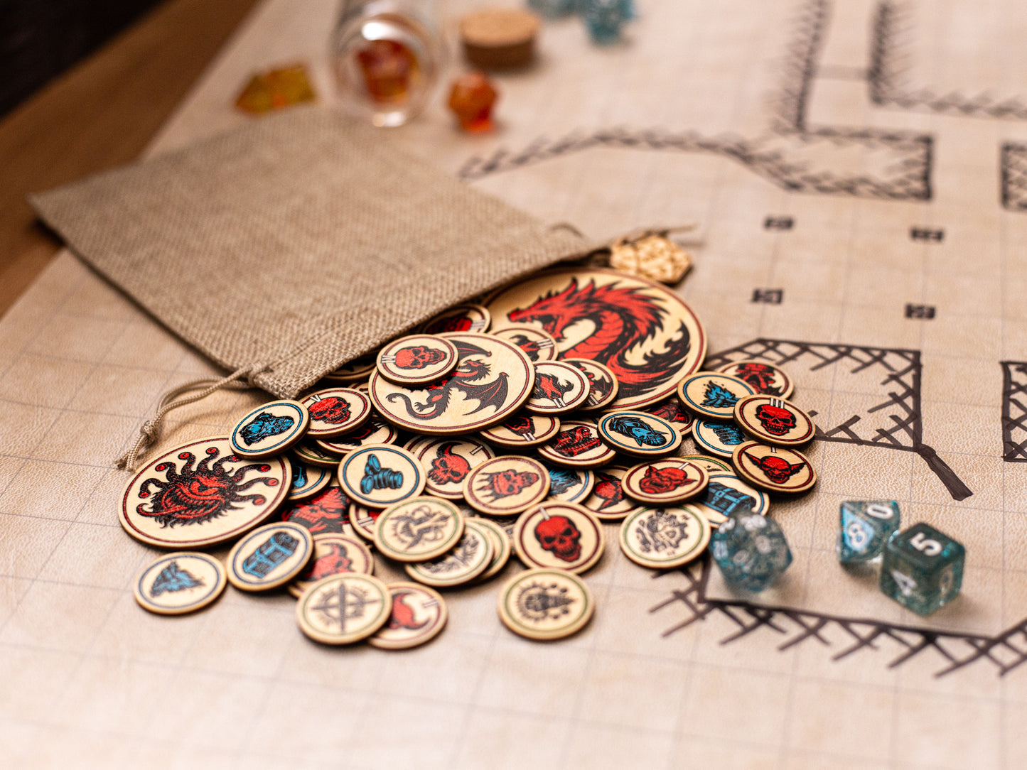 DnD Token Set (72 Pieces Wood + Bag)