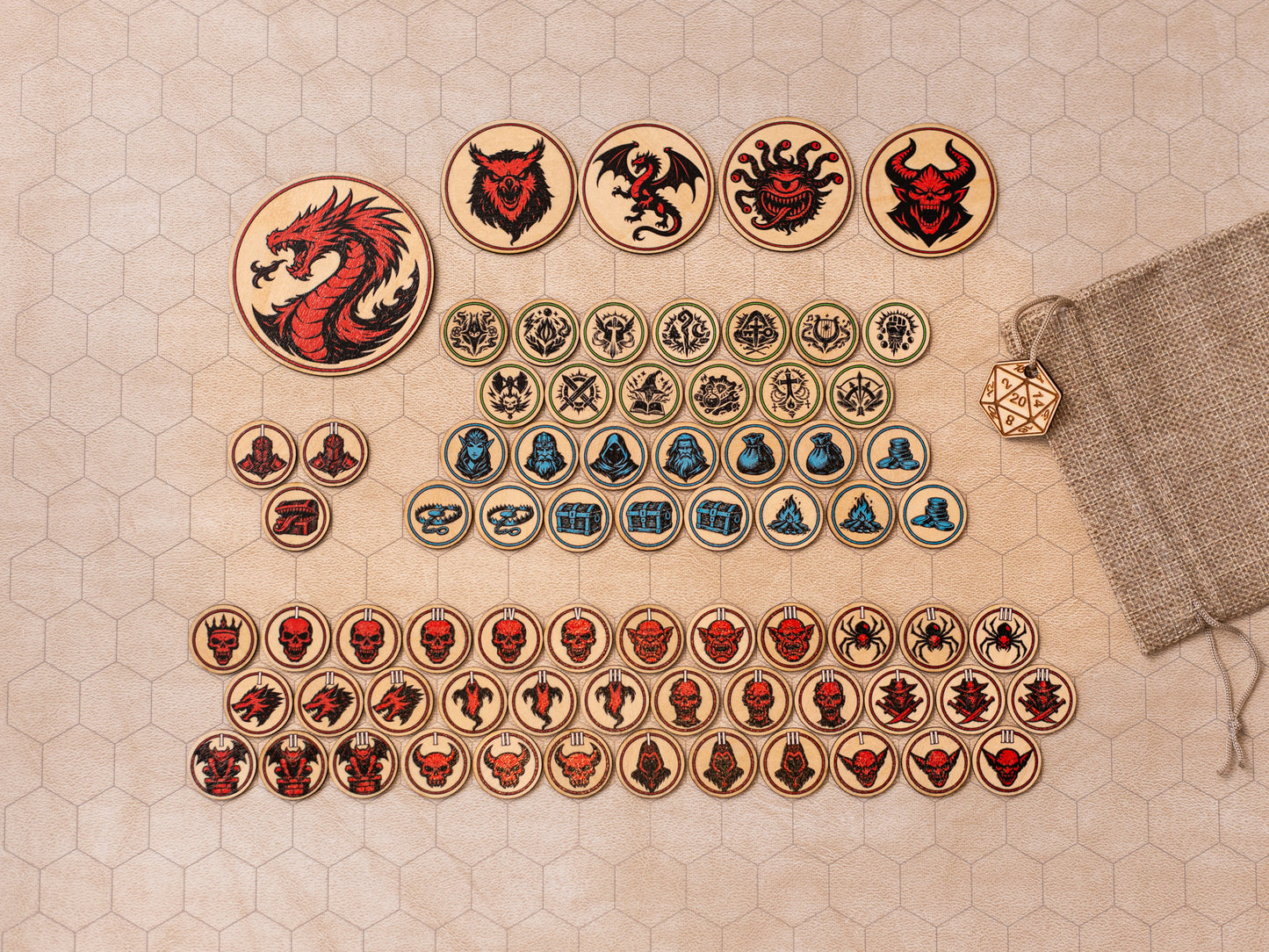 DnD Token Set (72 Pieces Wood + Bag)